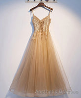 Champagne Tulle Lace Long Evening Prom Dresses, Champagne Evening Prom Dresses, 9